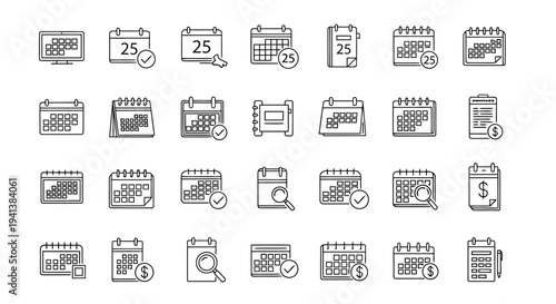 Collection of diverse icons representing various calendar and scheduling themes