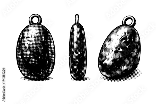 Fishing net sinker weight A realistic fishing net sinker weight represented as one object in three views: frontal weight view, side profile view, and angled