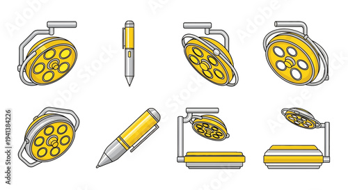 Illustration of yellow and silver medical lights and pens in a grid pattern