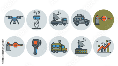 Military Security Icons – Surveillance, Vehicles, and Defense Systems