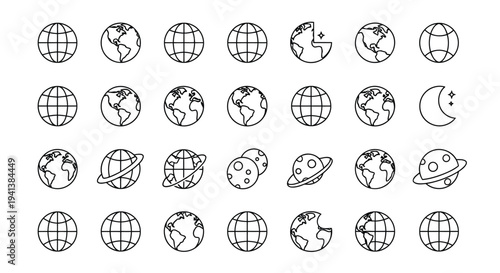 Illustrations of various moon phases alongside different views of earth and celestial bodies