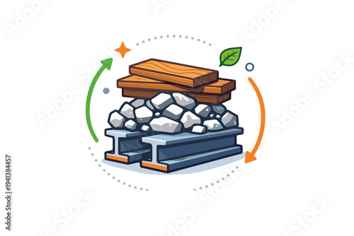 Recycled construction resources stack of reclaimed wood planks, crushed concrete pieces and reusable metal beams forming a balanced circular composition that