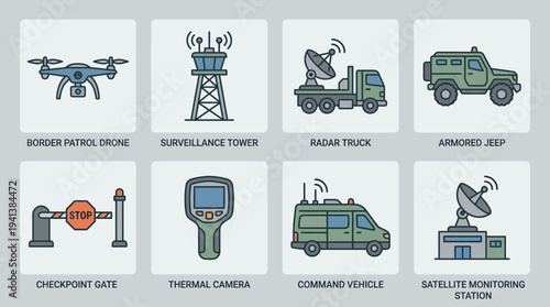 Military Security Icons – Surveillance, Vehicles, and Defense Systems