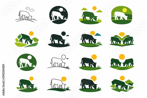 young calf grazing. Icon set. Set Logo of young calf grazing: pastoral emblem. harmonious logo variations of the same emblematic concept, each with different