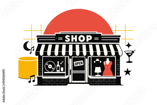 Black and white retro storefront facade with striped awning and classic signage, central perspective composition, white cut-out contour around the building,