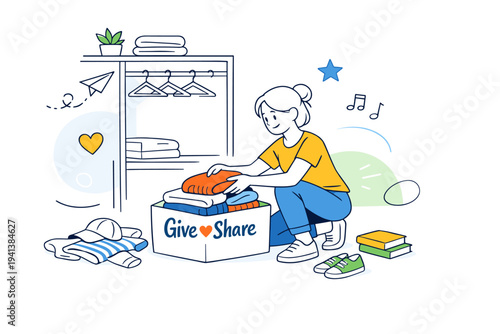 Decluttering Wardrobe Scene. Person placing excess clothes into a donation box marked ?Give & Share?, empty hangers creating space inside the closet. Light,