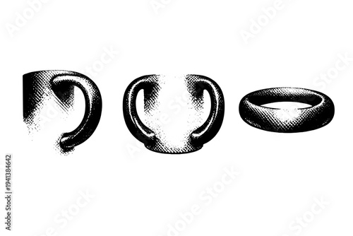 Coffee mug handle A realistic coffee mug handle with smooth curvature and ergonomic thickness, presented as the same handle in three different angles. Black