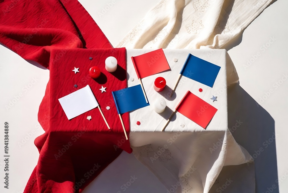Fototapeta premium A gift box decorated with patriotic colors and stars rests on a bed, suggesting a celebration.