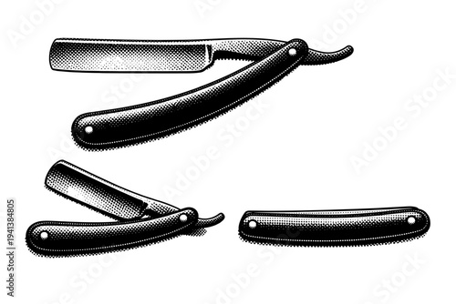 Straight razor depicted as a single object in three views: open side view, partially folded position, and closed form, focusing on the thin blade and pivoting