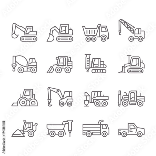Heavy Construction Machinery and Industrial Engineering Vehicle Icon Set