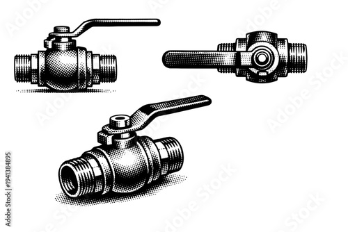 Ball valve A compact steel ball valve with lever handle presented in side view, top view, and angled perspective to emphasize the spherical body and threaded