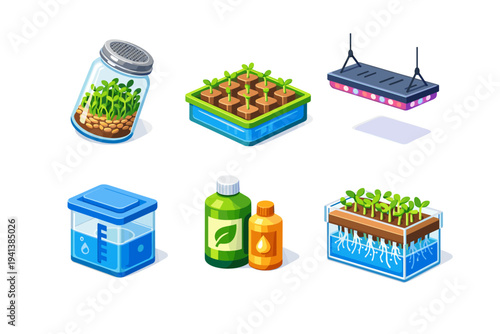 Indoor Sprouts. Isometric flat vector icons set of Indoor Sprouts: glass jar with microgreens, hydroponic cube system, LED grow light panel, water reservoir