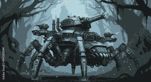 Mechanical Spider Tank in a Dark Forest - Futuristic Machine