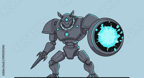 Mechanical Knight with Shield and Blade - Futuristic Warrior Concept