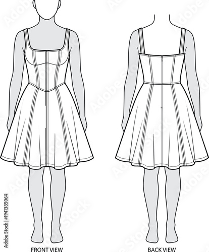 Dress technical illustration vector fashion apparel garment construction design graphics, square neckline princess seams concept, black and white creative art collection