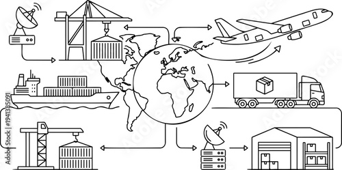 Minimalist line art vector of global supply chain network with globe, cargo ship, airplane, and truck