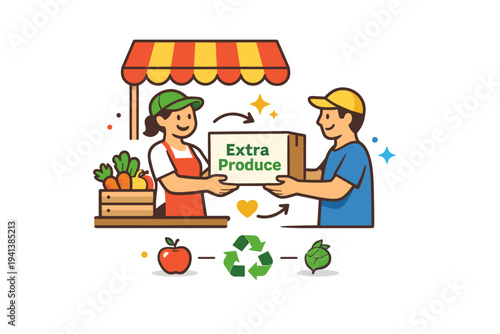Farmers market surplus redistribution a simple market stall with a box marked Extra Produce being handed to a smiling community member. A concise editorial