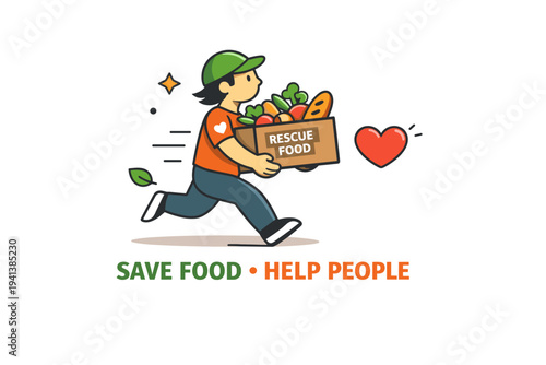 Food rescue volunteer action a delivery box filled with rescued bread and vegetables carried toward a small heart symbol, expressing urgency and compassion. A
