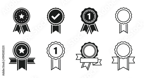 A collection of decorative achievement and ranking ribbon badges in monochrome design