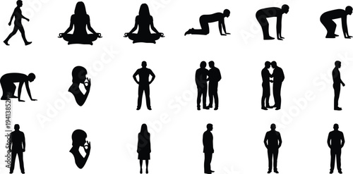 Collection of human silhouettes in various poses including walking, meditation, standing and interaction vector illustration setWeb