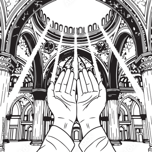 An old vintage vector illustration of a religious landmark featuring the stone architecture and dome of the Church of the Holy Sepulchre in Jerusalem and the Church of Our Lady of the Kings