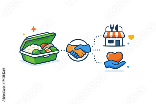 Restaurant surplus sharing partnership a takeaway container with fresh meal portions connected to a small handshake symbol, highlighting collaboration between
