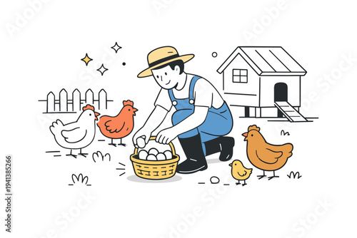 Collecting Fresh Eggs. A farmer placing freshly collected eggs into a small basket beside a tidy chicken coop. Friendly chickens gathered nearby, creating a