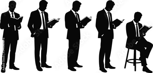 Set of silhouettes of businessman in formal suit reading a book standing and sitting on stool isolated on white background
