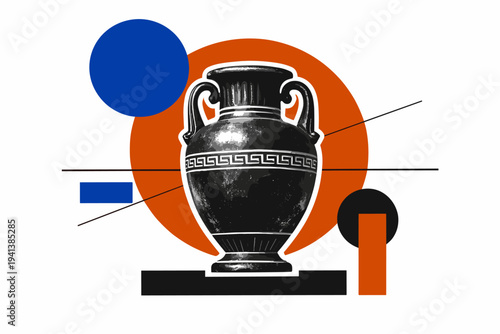 Black and white retro photograph of a classical ceramic vase with a white outline cut-out effect, combined with bold geometric circles and a large semicircle