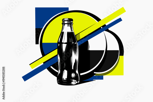 Black and white retro glass bottle placed off-center, intersected by diagonal graphic lines and overlapping circular frames, abstract color blocks creating