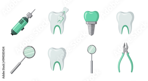 Dental tools and teeth illustrations arranged in two rows