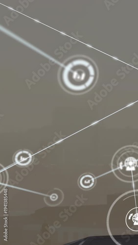 Vertical video: Diagonal streak sparking node web filling sky above small figure, mapping tech flow