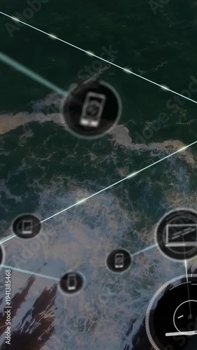 Diagonal line appearing, creating device nodes and links, spreading shore, mapping tech network