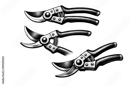 Pruning shears displayed as a single object in three orientations: closed side view, open cutting position, and angled perspective, highlighting the curved