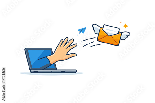 Email send regret illustrated by an email envelope flying away from a laptop while a hand reaches out too late, conveying loss of control impulsive action and