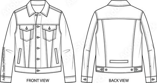 Denim jacket technical illustration vector fashion apparel garment construction design graphics, buttoned pockets concept, black and white creative art collection