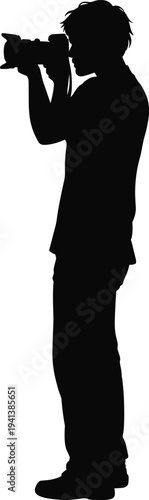 Black silhouette of professional male photographer holding digital camera taking pictures, creative person working in media production, photography hobbyist or freelance artist capturing images.