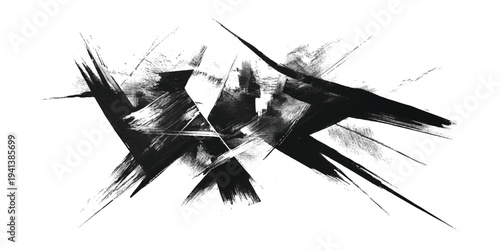Abstract black brush strokes creating a dynamic and chaotic composition on a white background.