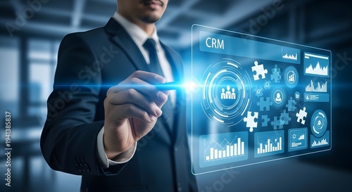 Businessman using customer relationship management crm software for data analysis and sales growth