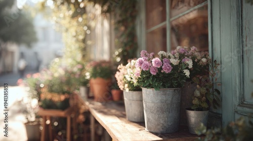 Wallpaper Mural Row of potted plants on a wooden bench in front of a window. the window is old and weathered, with peeling paint and peeling green paint. Torontodigital.ca