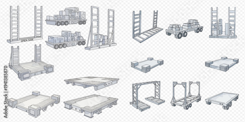 Set of various cargo platforms, trucks, and loading ramps in a minimalist, isometric style, isolated on a transparent background.