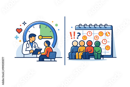 Concierge medicine inequality time advantage concept illustrated by a doctor clocking extended time with one patient while a crowded schedule surrounds others,
