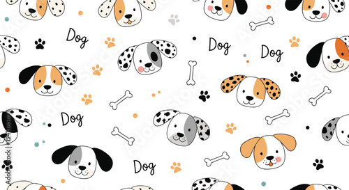 Playful seamless pattern with various cute dog faces, bones, paw prints, and the word dog in a hand-drawn style on white.