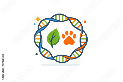 Genetic diversity conservation interconnected DNA strand forming a circle around a small leaf and animal paw symbol, expressing the protection of life?s
