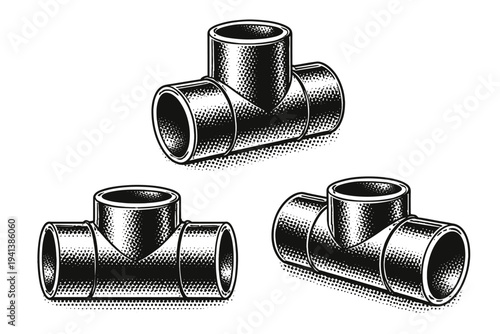 PVC T-joint fitting A durable PVC pipe T-joint connector with smooth cylindrical openings and balanced symmetrical structure rendered with accurate industrial