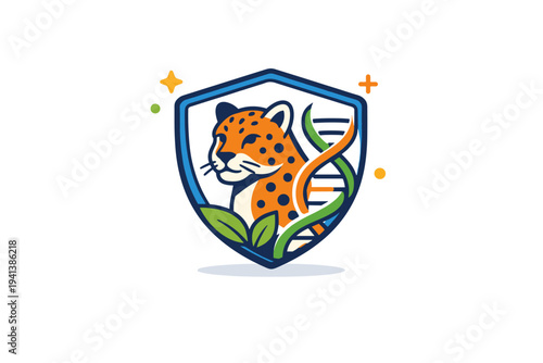 Endangered species genetic rescue a shield enclosing a rare animal icon and subtle double helix accent, conveying targeted conservation and