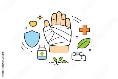 First aid and self-care concept. A symbolic scene focusing on a bandaged hand centered in the composition, with abstract shapes suggesting protection and