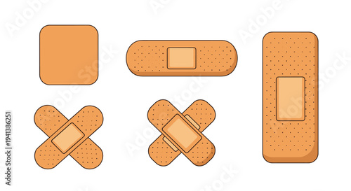 Collection of tan colored medical adhesive bandages in different shapes including square, rectangle, and cross for first aid care.