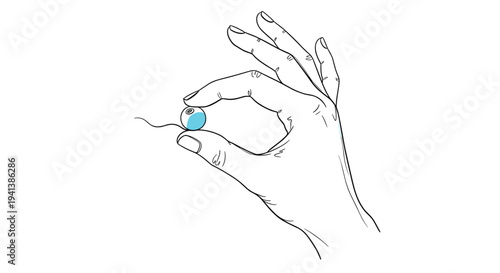 Detailed line drawing of a human hand delicately holding a tiny blue bead between the thumb and index finger on white.