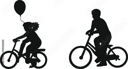 Black silhouettes of a young boy and girl riding bicycles with a balloon isolated on white background, childhood outdoor activity, summer fun and friendship.